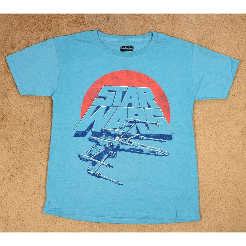 STAR WARS Boys X-Wing Fighter Graphic T-Shirt (Large) Light Blue Heather NWOT